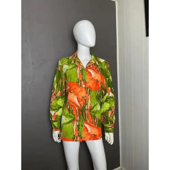 1960's MOD Watercolor Floral Avocado Green + Orange Shirt Dagger Collar Large - Picture 2 of 9
